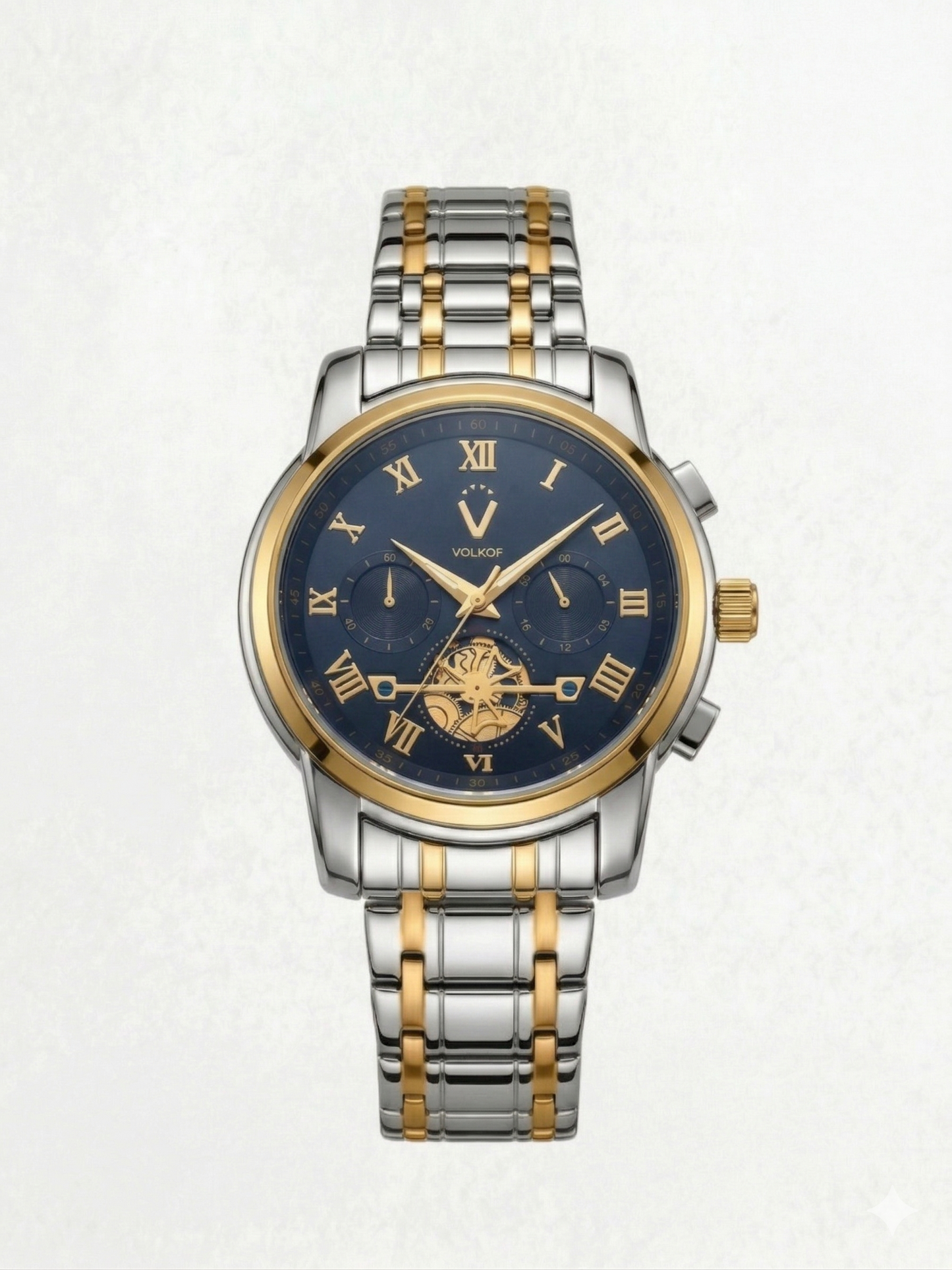 Reloj analógico para hombre con caja de 42mm en acero inoxidable plata, brazalete bicolor plata y oro, esfera azul marino con números romanos y resistencia al agua 5 ATM