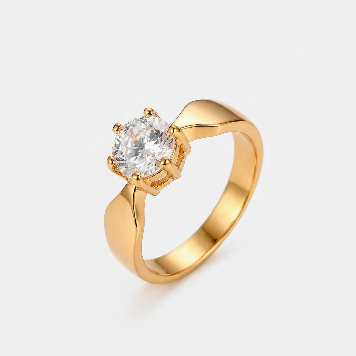 Anillo de compromiso para dama de titanio con enchapado en oro amarillo, con una piedra solitaria central brillante engastada en seis puntas y banda de hombros anchos pulidos, código 5040