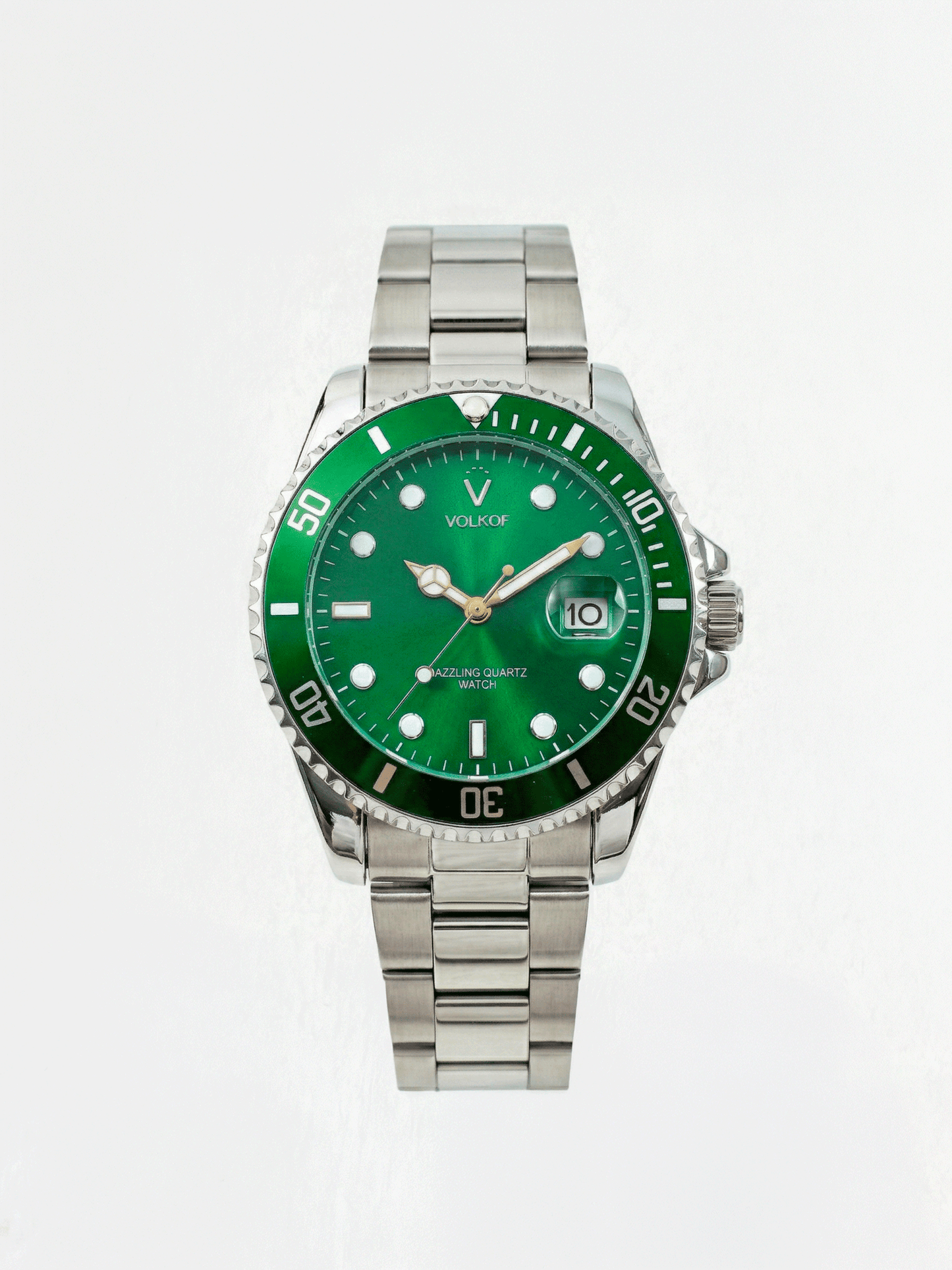 Reloj analógico para hombre de la colección Luxury con caja y correa de acero inoxidable plateado, esfera y bisel giratorio en color verde esmeralda brillante, indicador de fecha y agujas luminiscentes.