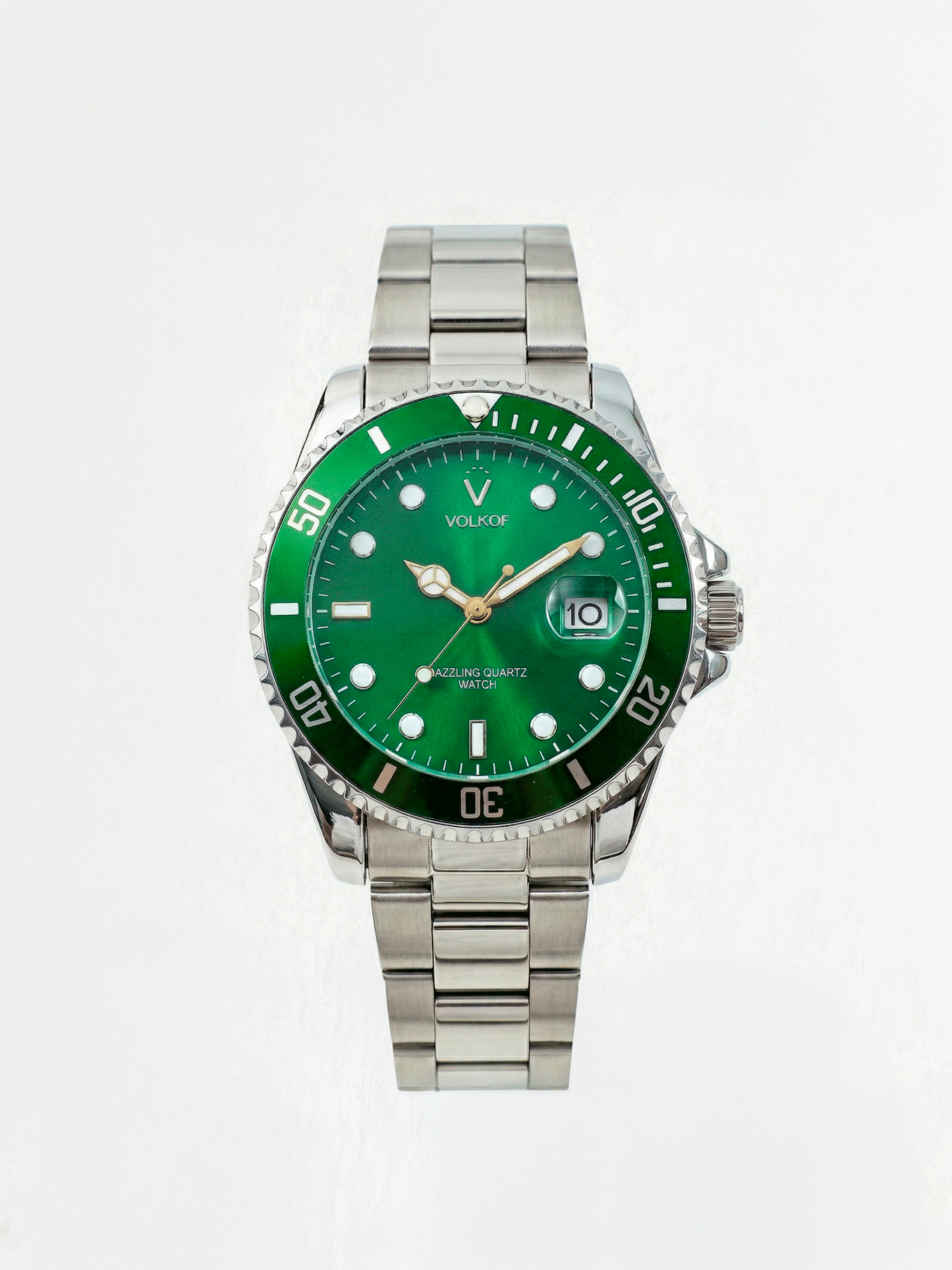 Reloj analógico para hombre de la colección Luxury con caja y correa de acero inoxidable plateado, esfera y bisel giratorio en color verde esmeralda brillante, indicador de fecha y agujas luminiscentes.