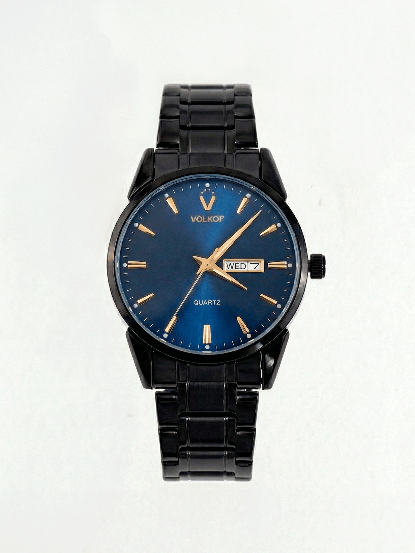 Reloj analógico para hombre en acero inoxidable negro, esfera azul metálica con efecto degradado, índices y manecillas doradas, ventana de día y fecha, caja de 42mm
