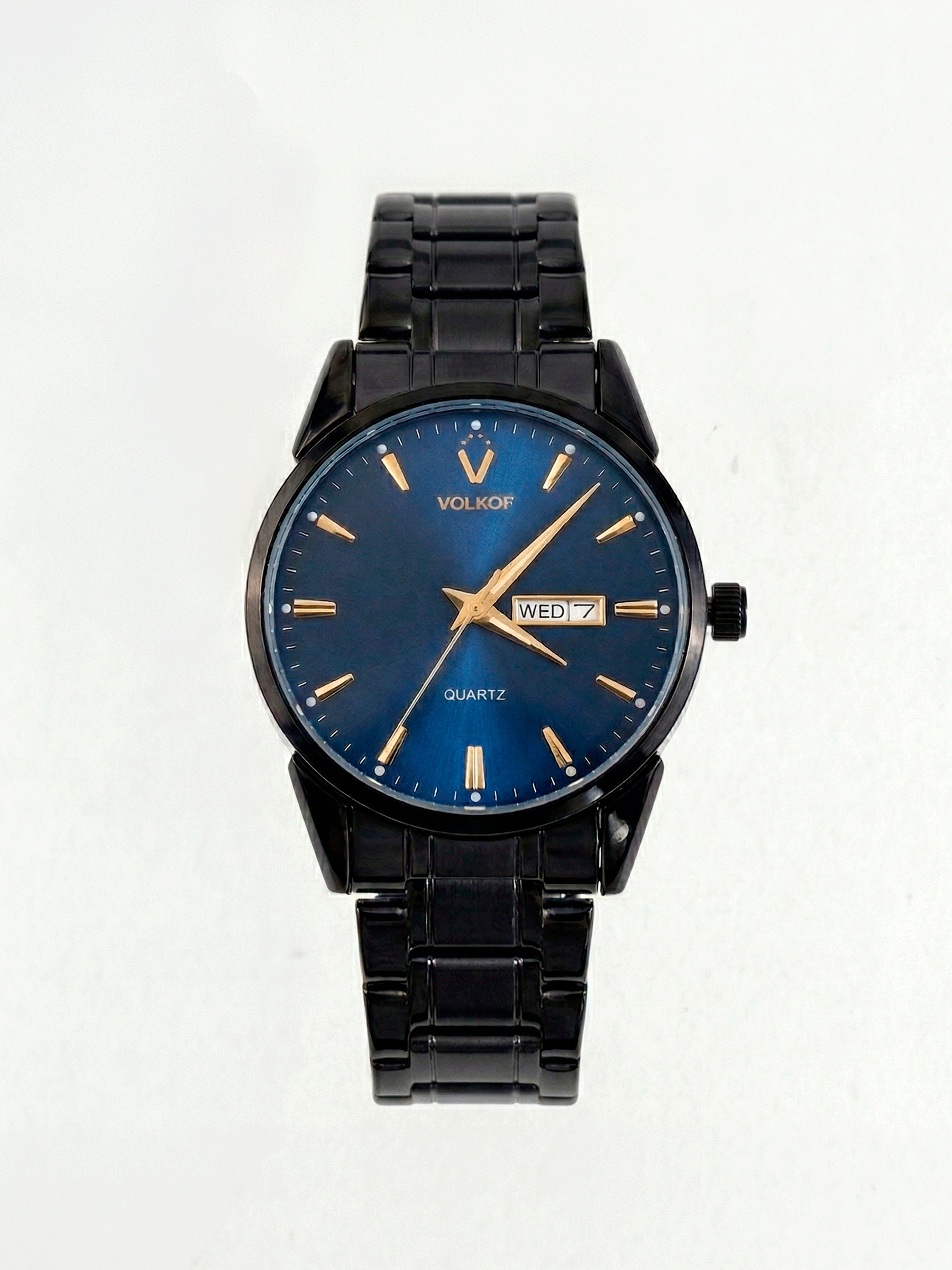 Reloj analógico para hombre en acero inoxidable negro, esfera azul metálica con efecto degradado, índices y manecillas doradas, ventana de día y fecha, caja de 42mm