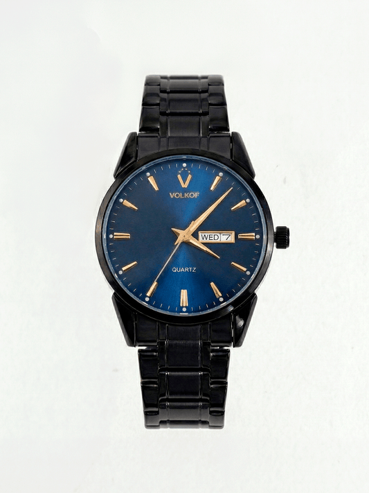 Reloj analógico para hombre en acero inoxidable negro, esfera azul metálica con efecto degradado, índices y manecillas doradas, ventana de día y fecha, caja de 42mm