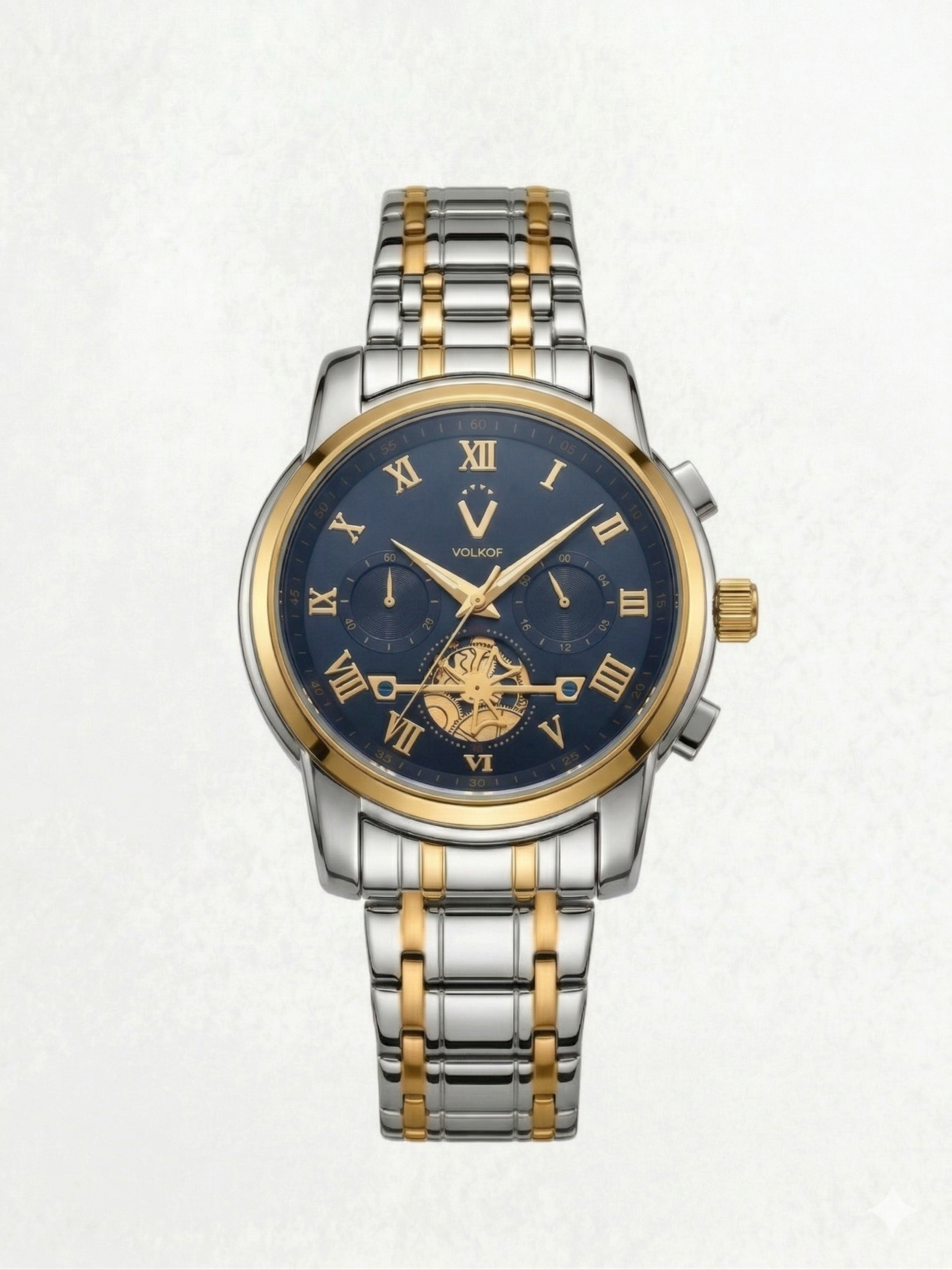 Reloj analógico para hombre con caja de 42mm en acero inoxidable plata, brazalete bicolor plata y oro, esfera azul marino con números romanos y resistencia al agua 5 ATM