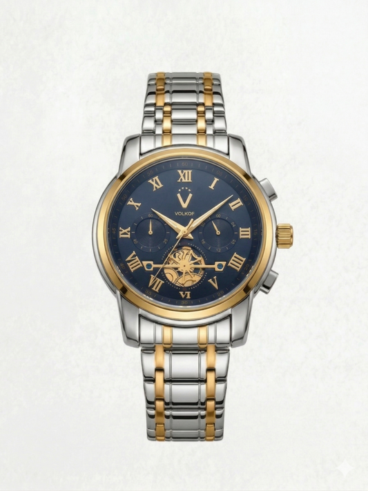 Reloj analógico para hombre con caja de 42mm en acero inoxidable plata, brazalete bicolor plata y oro, esfera azul marino con números romanos y resistencia al agua 5 ATM