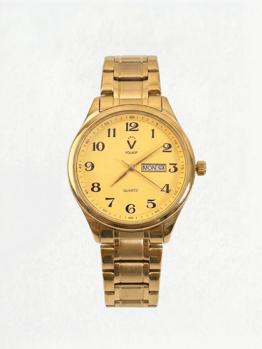 Reloj analógico para hombre en acero inoxidable dorado, esfera dorada con números arábigos, ventana de fecha y día, y caja de 42mm