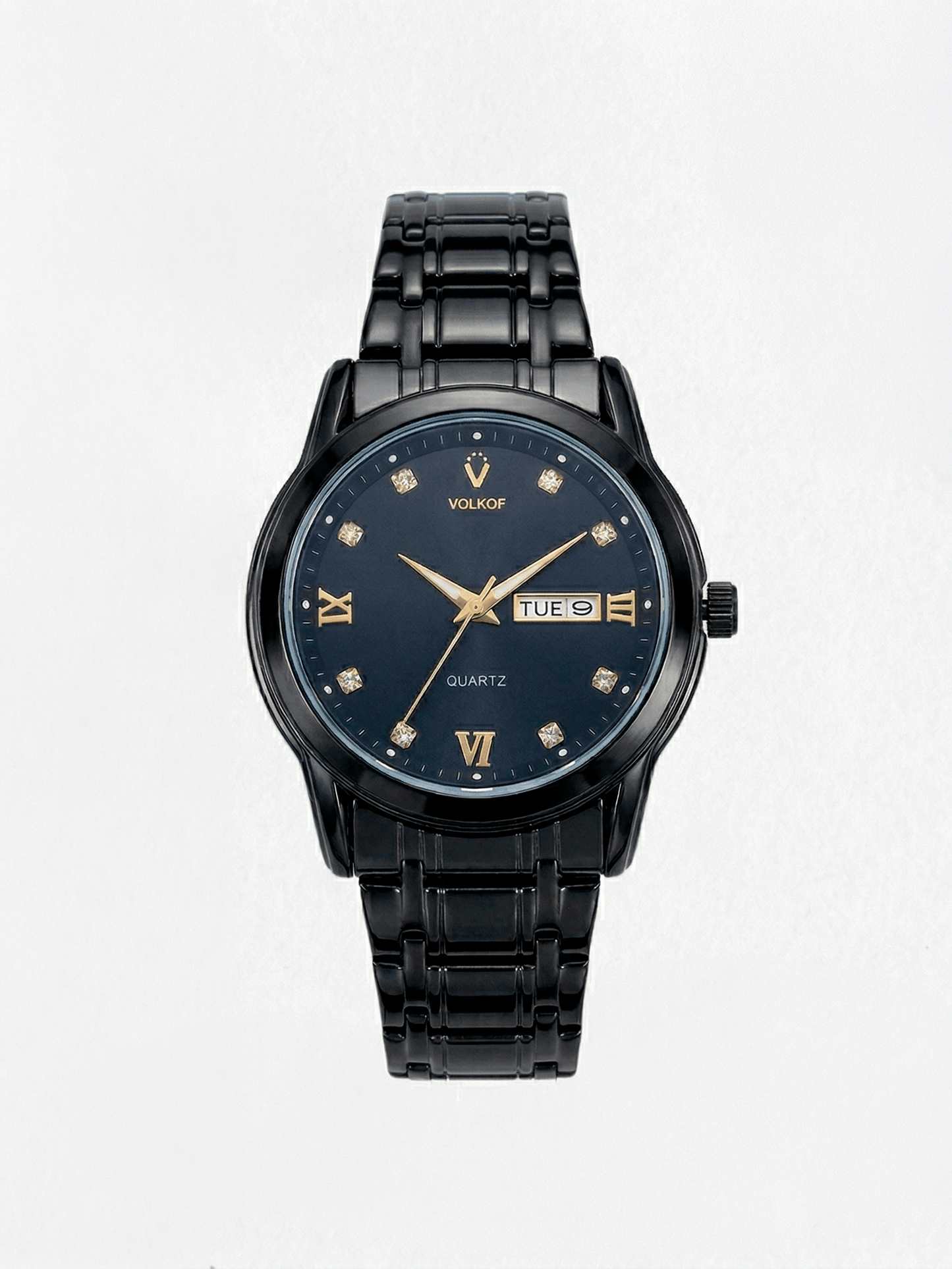 Reloj analógico para hombre en acero inoxidable negro mate, esfera oscura con cristales brillantes, números romanos dorados, ventana de día/fecha y caja de 42mm