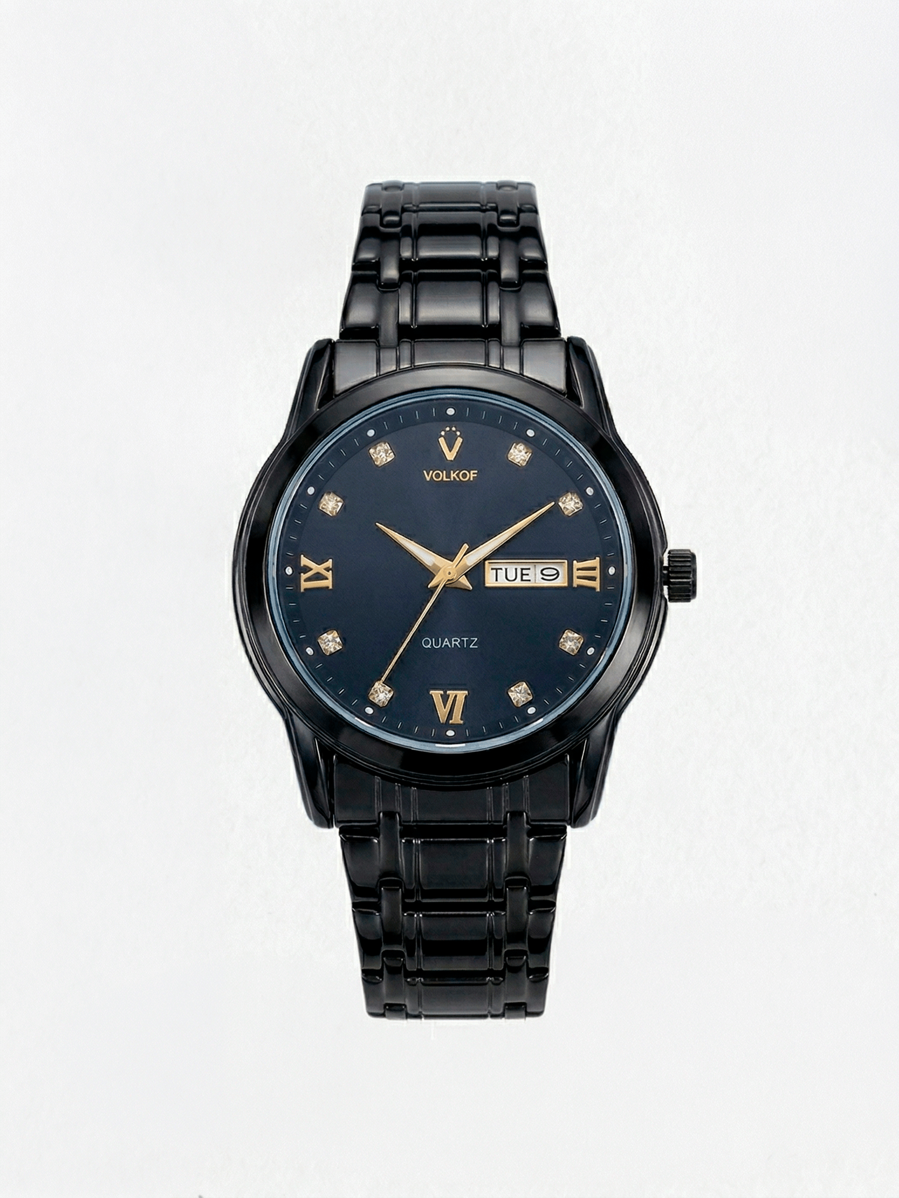 Reloj analógico para hombre en acero inoxidable negro mate, esfera oscura con cristales brillantes, números romanos dorados, ventana de día/fecha y caja de 42mm