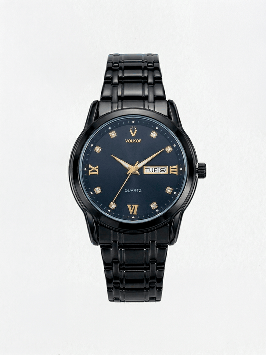 Reloj analógico para hombre en acero inoxidable negro mate, esfera oscura con cristales brillantes, números romanos dorados, ventana de día/fecha y caja de 42mm